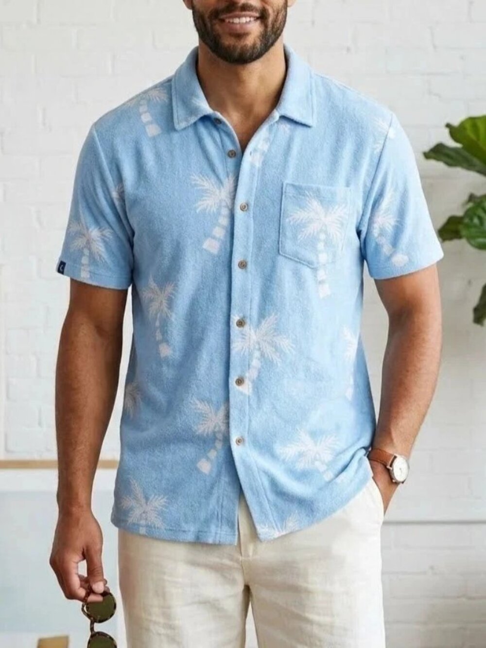 Criquet Terrycloth Palm Tree Printed Buttondown Men's Shirt Blue XXL 29065